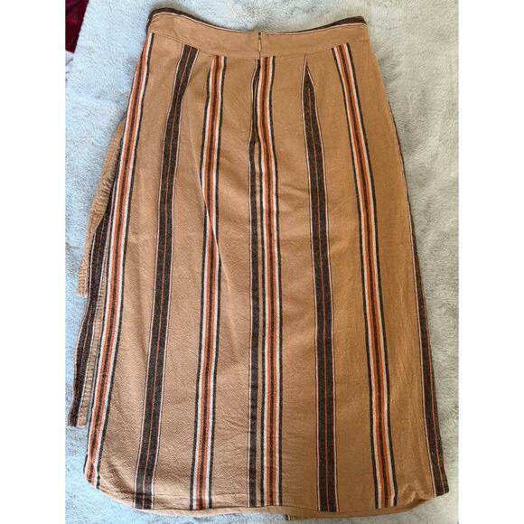 Worthington Linen Blend Wrap Skirt 6P Brown Orange Striped Midi Lined - Picture 2 of 9